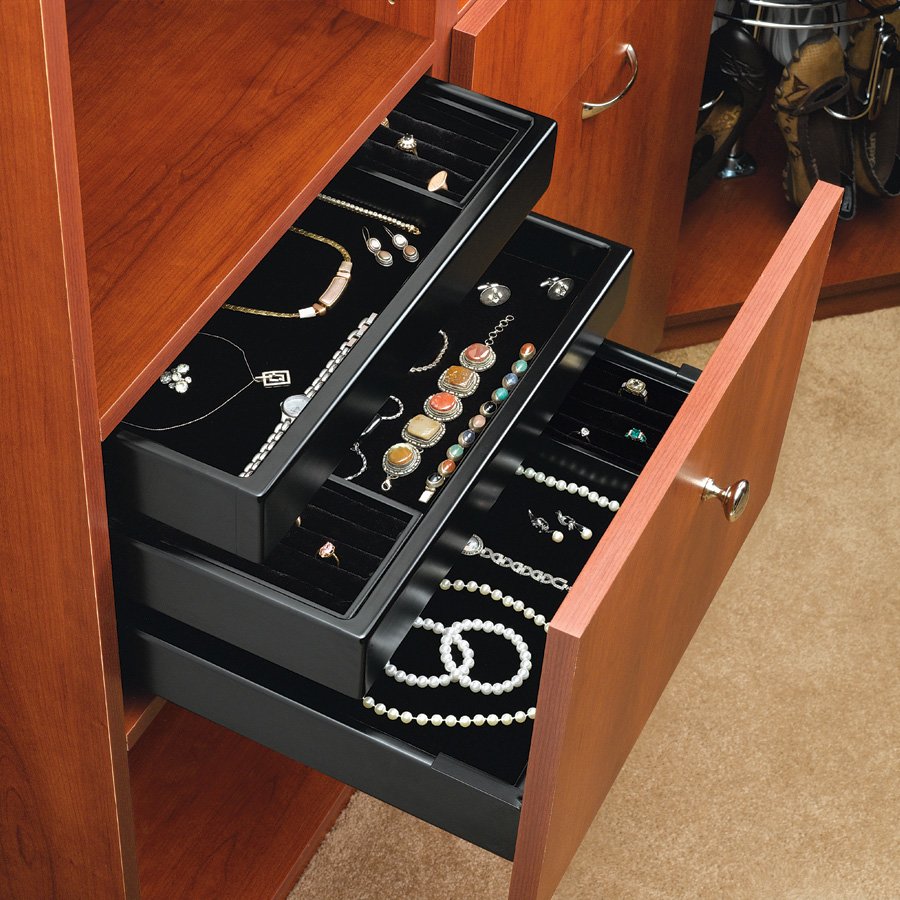 All Listings The Huji Stackable Jewelry Trays hold all your jewelry and usefully stack or separate so that you can store them on your dresser o r in your drawers. Avoid the cluttered and tangled mess of storing jewelry.